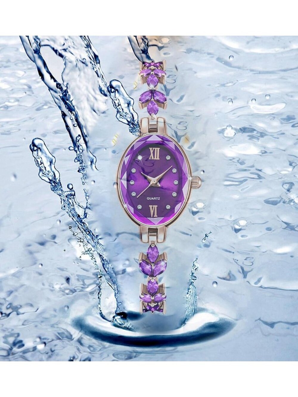 Women's Purple Luxury Petal Casual Bracelet Simulated Quartz Elegant Wrist Watch - Picture 2 of 6